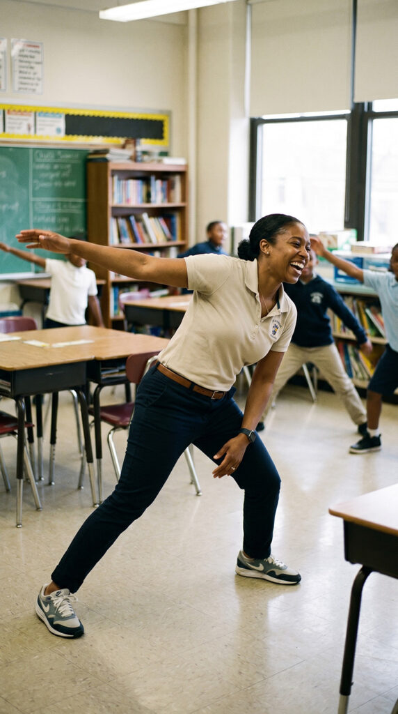 Teacher leads a group of students in a lively classroom stretch, smiling as she leans to the side and points her arm outward by desks and shelves in the background.
