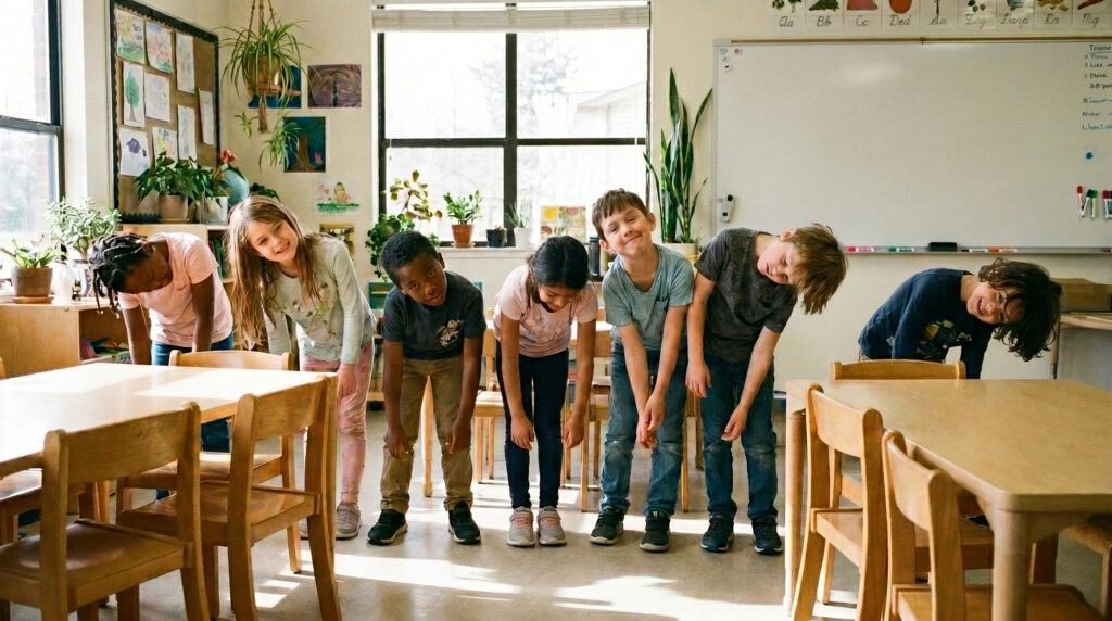Group of smiling elementary students bending forward at the waist in a sunny classroom with desks and plants nearby.