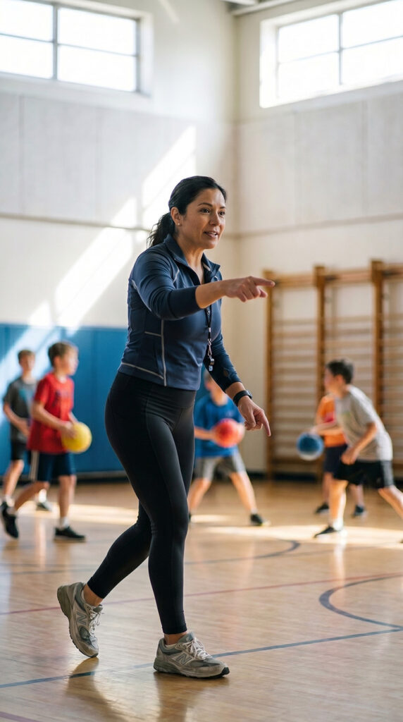Female coach in a blue jacket directs a gym class, pointing as kids toss balls in a sunny indoor gym.