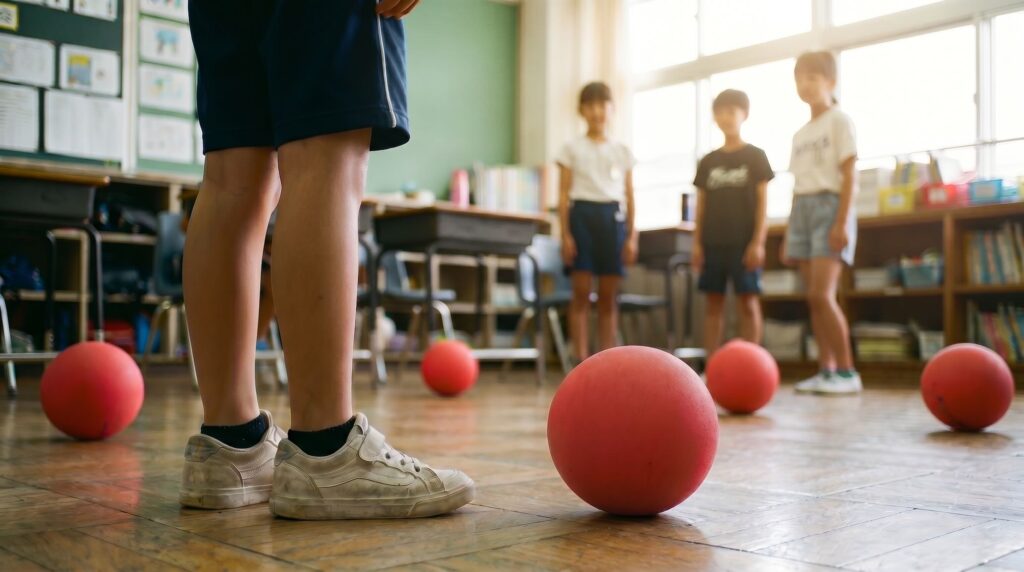 Close-up of a student’s legs and sneakers in a classroom gym with red exercise balls scattered on a wooden floor