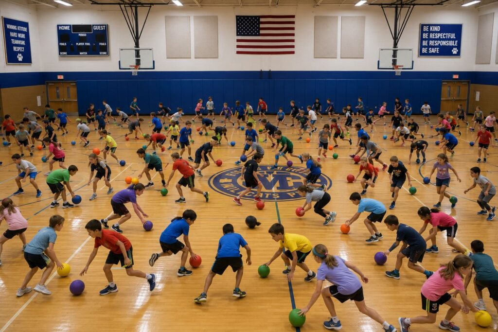 Gym filled with many kids playing with colorful balls during a PE class; American flag and school banners on the walls, center logo on the floor.