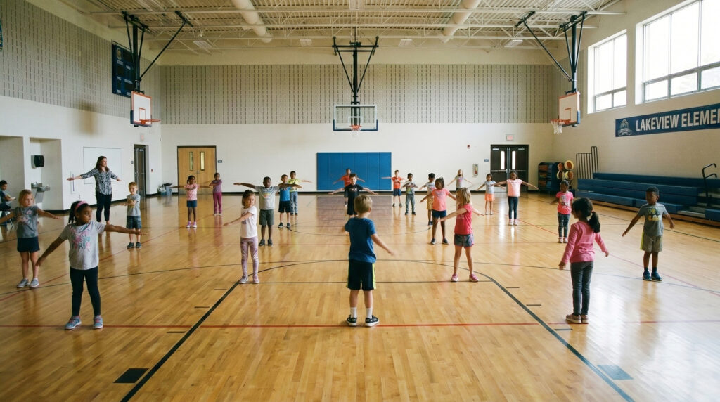 Group of elementary students in a school gym class standing in a circle with arms outstretched, led by a teacher at the left.