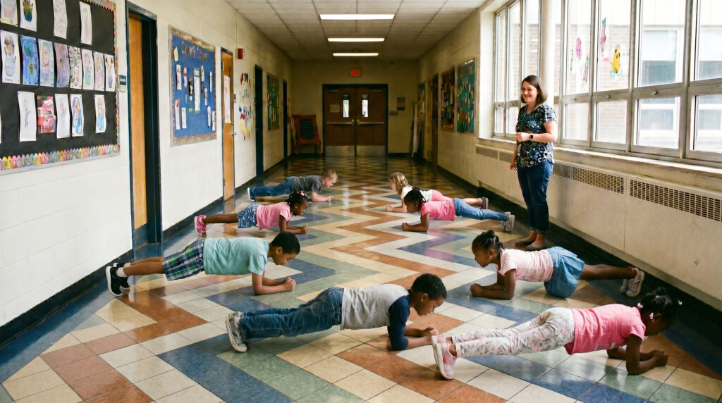 Children do push-up/plank exercises in a school hallway while a teacher watches nearby by the windows.