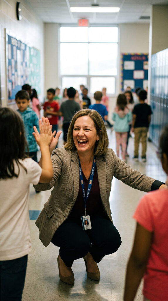 Teacher crouching in a school hallway high-fiving smiling students, badge visible on lanyard around neck.