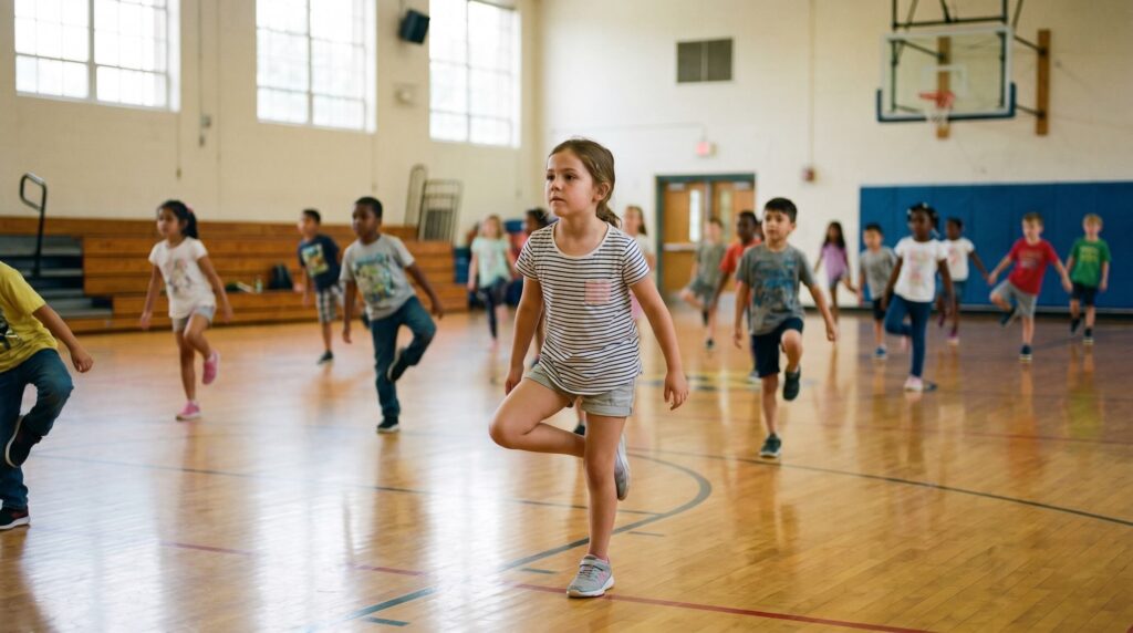 Group of children running across a school gym during PE class on a polished wooden floor.