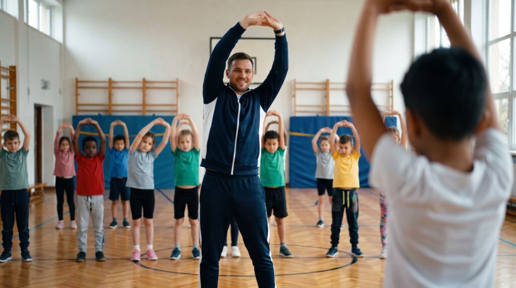 Instructor leading children in a stretching exercise in a bright gym, arms raised overhead.