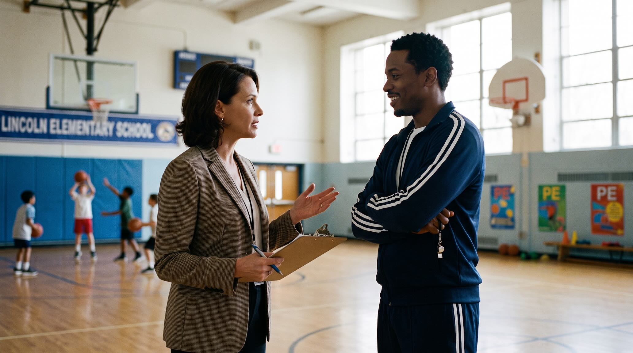 Woman with a clipboard talks to a smiling man in a blue tracksuit inside a school gym; students playing basketball in the background.