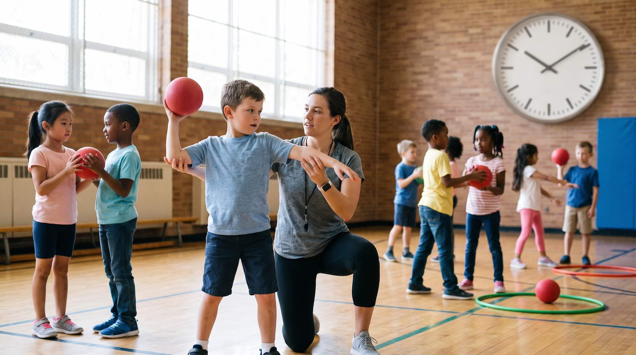 Instructor helps a young boy throw a red ball during a gym class as other kids practice nearby in a school gym with a large clock on the wall.
