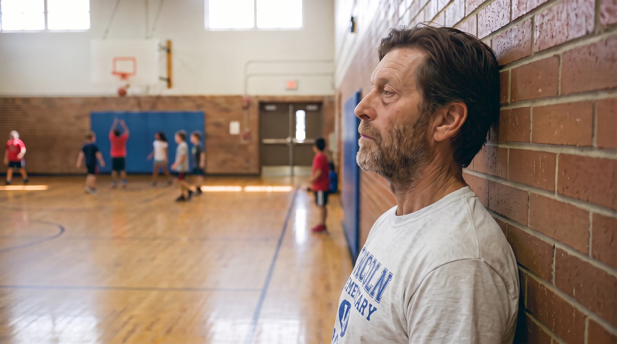 Man with short beard leans against a brick gym wall, watching kids play basketball in the blurred background.