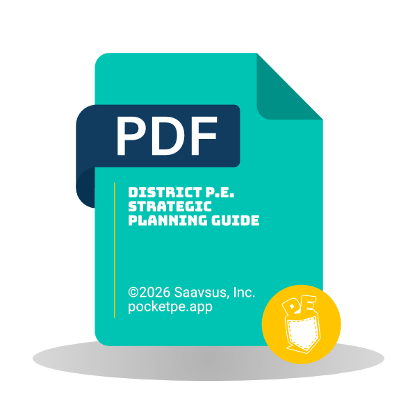Teal PDF cover for 'District P.E. Strategic Planning Guide' with a yellow circular badge in the corner.