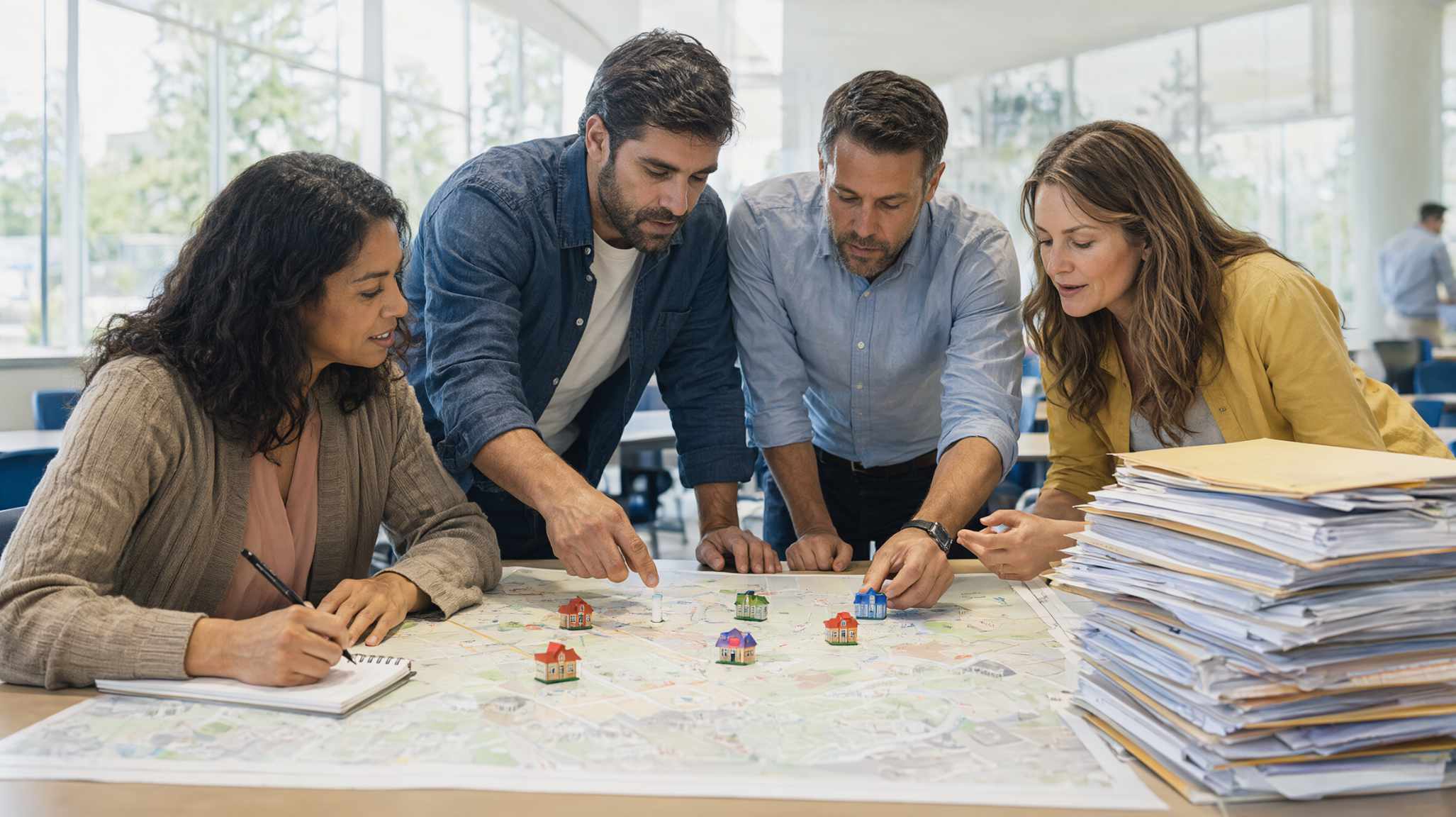 Four professionals collaborate over a large city map, pointing at model houses during a planning session in a bright office.