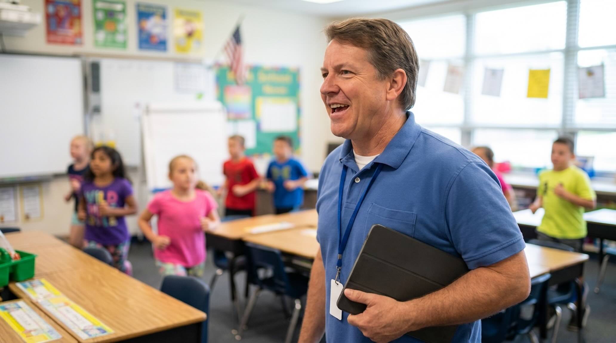 Male teacher in a blue polo walks through a classroom filled with students, holding a folder.