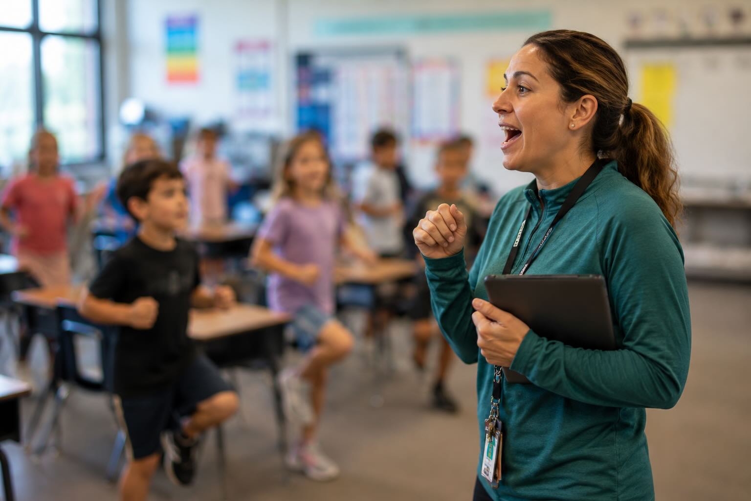 Teacher in a classroom speaking to students while holding a tablet; students sit at desks in the background (classroom scene)