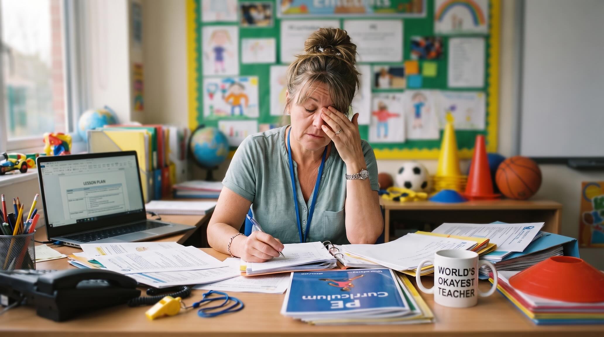 Overwhelmed teacher sits at a cluttered desk covered in papers, with a laptop, notebooks, and a mug that says World's Okayest Teacher.